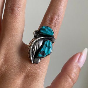 Turquoise and sterling ring with feather detail, Size 7